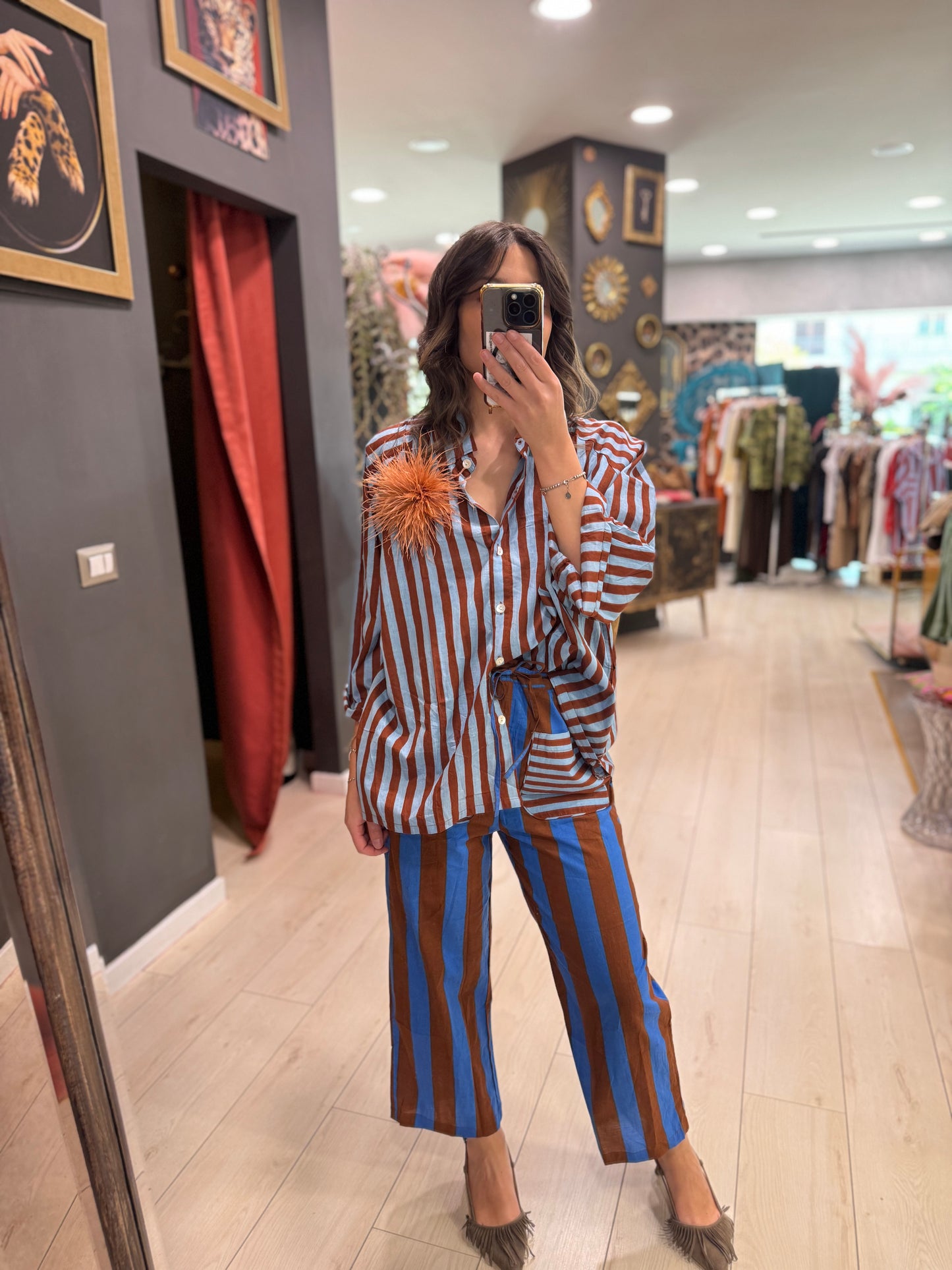 PANTALONE IN COTONE RIGATO BLU E MARRONE