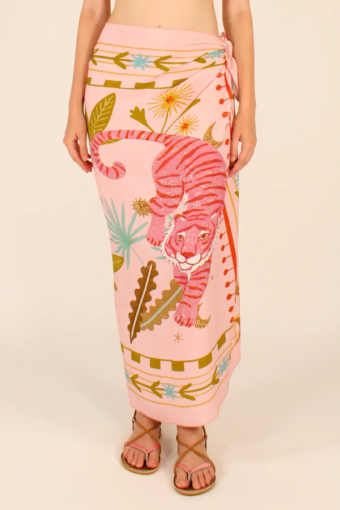 Gonna pareo maxi da spiaggia con stampa floreale tropicale e tigre rosa