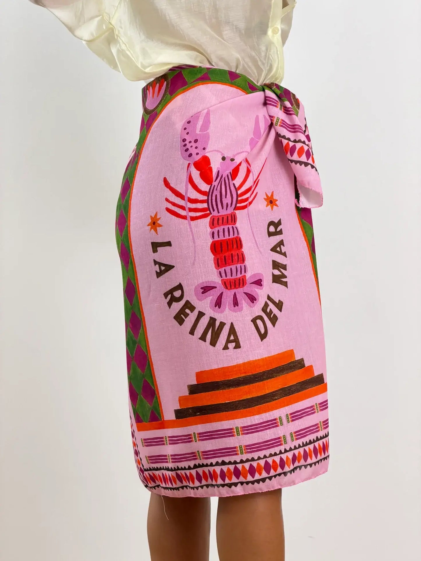 Gonna sarong maxi con stampa di aragosta della costa spagnola e laccio laterale