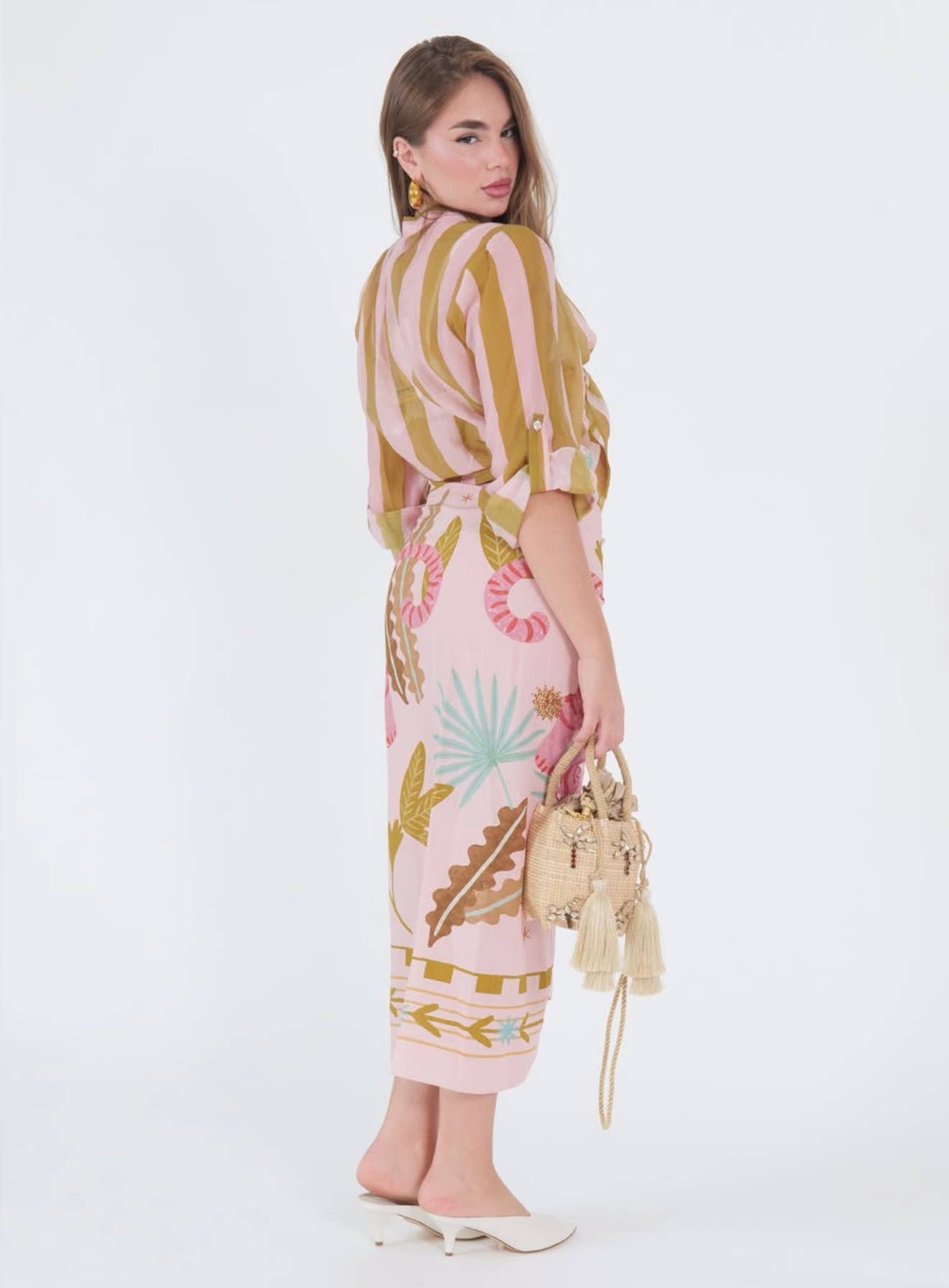 Gonna pareo maxi da spiaggia con stampa floreale tropicale e tigre rosa
