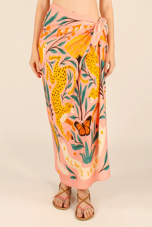 Gonna pareo maxi con stampa Messico leopardo e farfalle, chiusura laterale con laccio