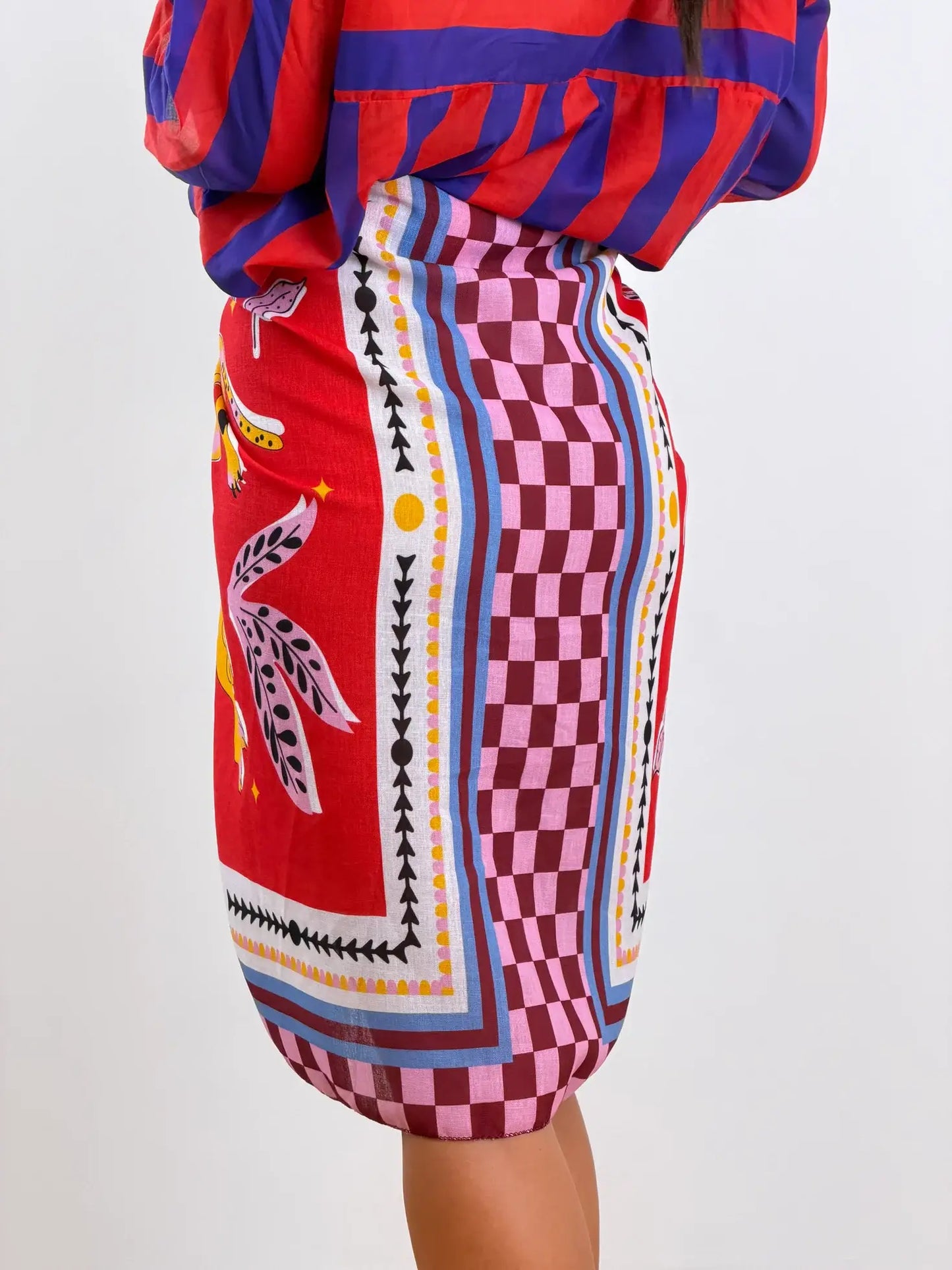Gonna sarong maxi a quadretti con stampa leone vintage e laccio laterale