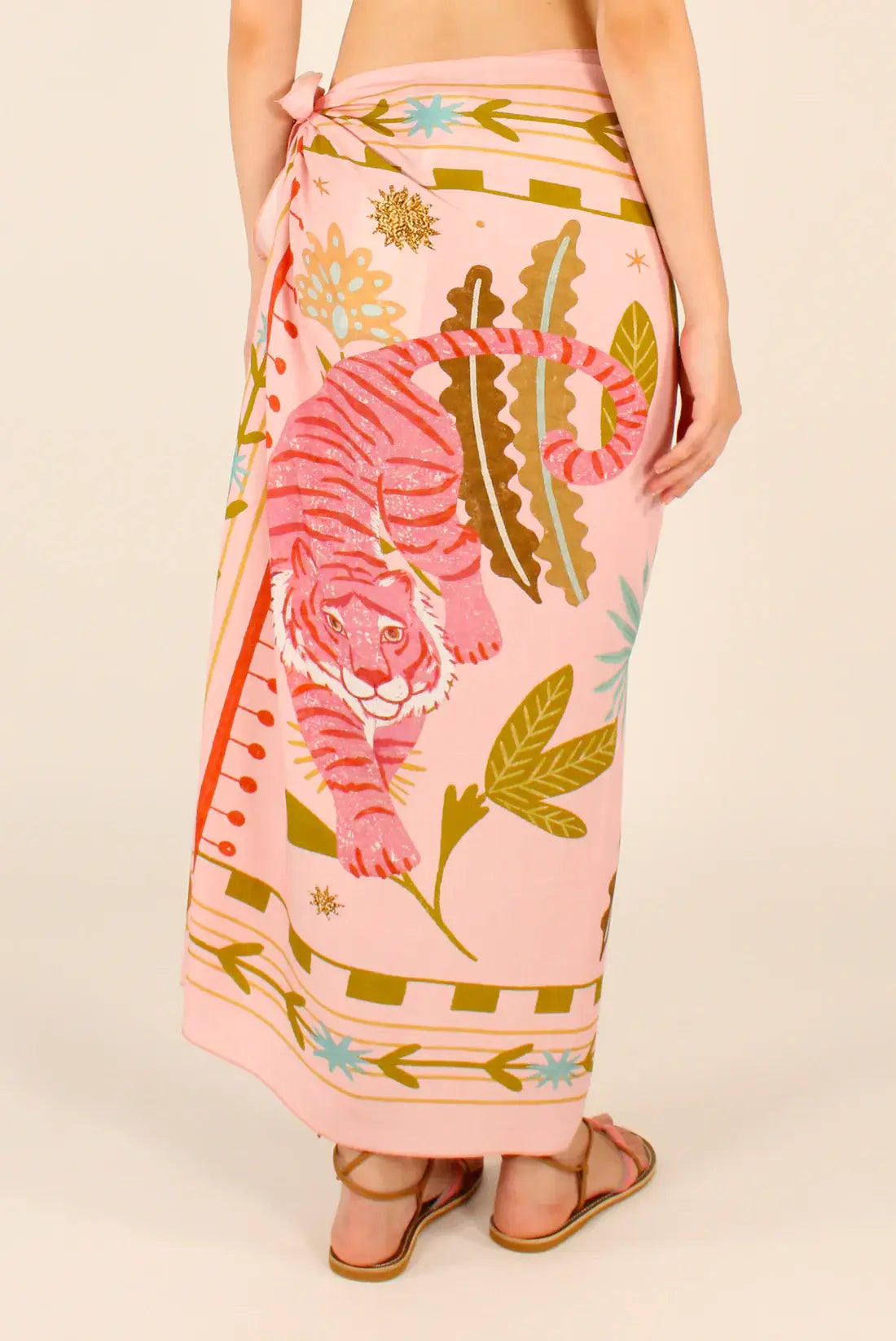 Gonna pareo maxi da spiaggia con stampa floreale tropicale e tigre rosa