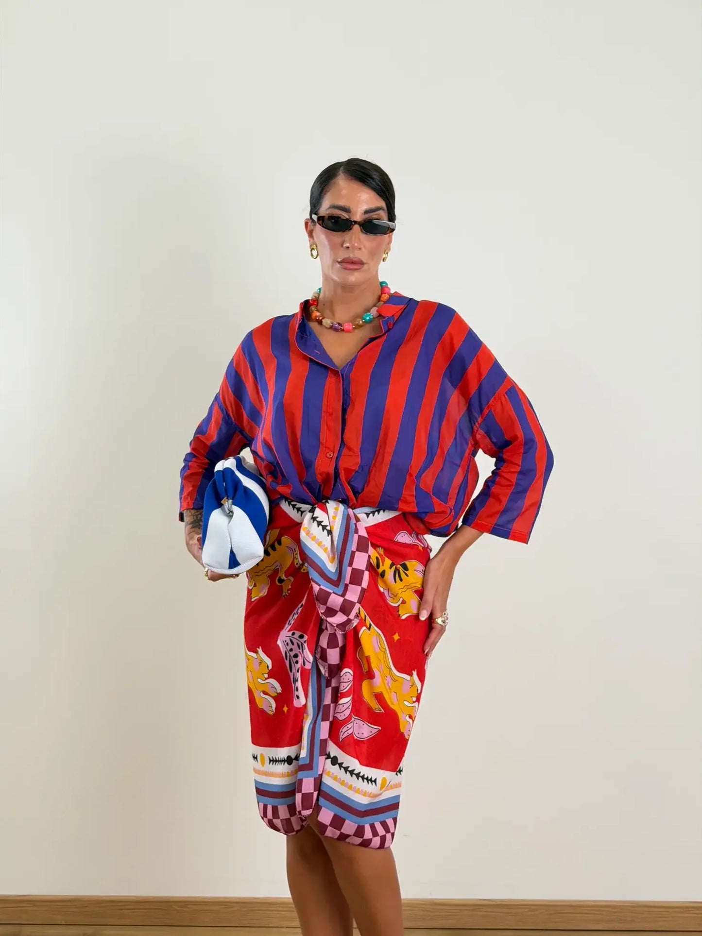 Gonna sarong maxi a quadretti con stampa leone vintage e laccio laterale