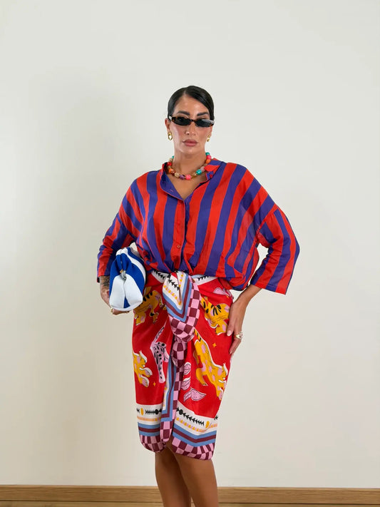 Gonna sarong maxi a quadretti con stampa leone vintage e laccio laterale