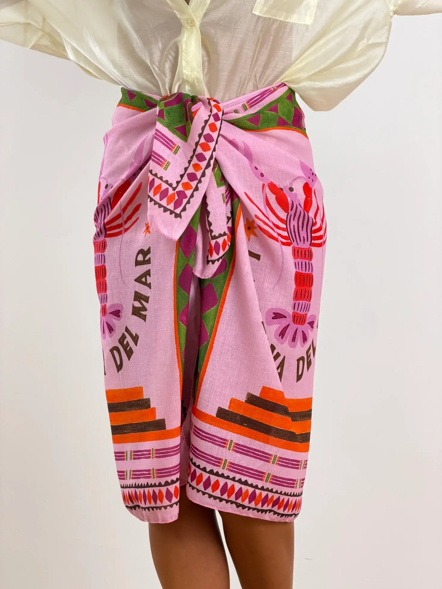 Gonna sarong maxi con stampa di aragosta della costa spagnola e laccio laterale