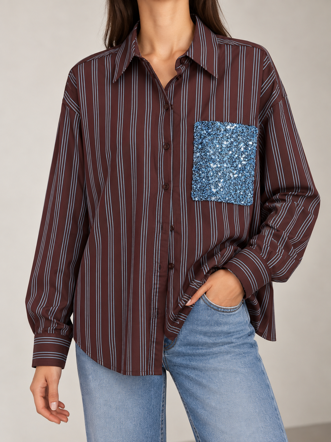 CAMICIA RIGATA CON TASCA PAILLETTES MOTEL