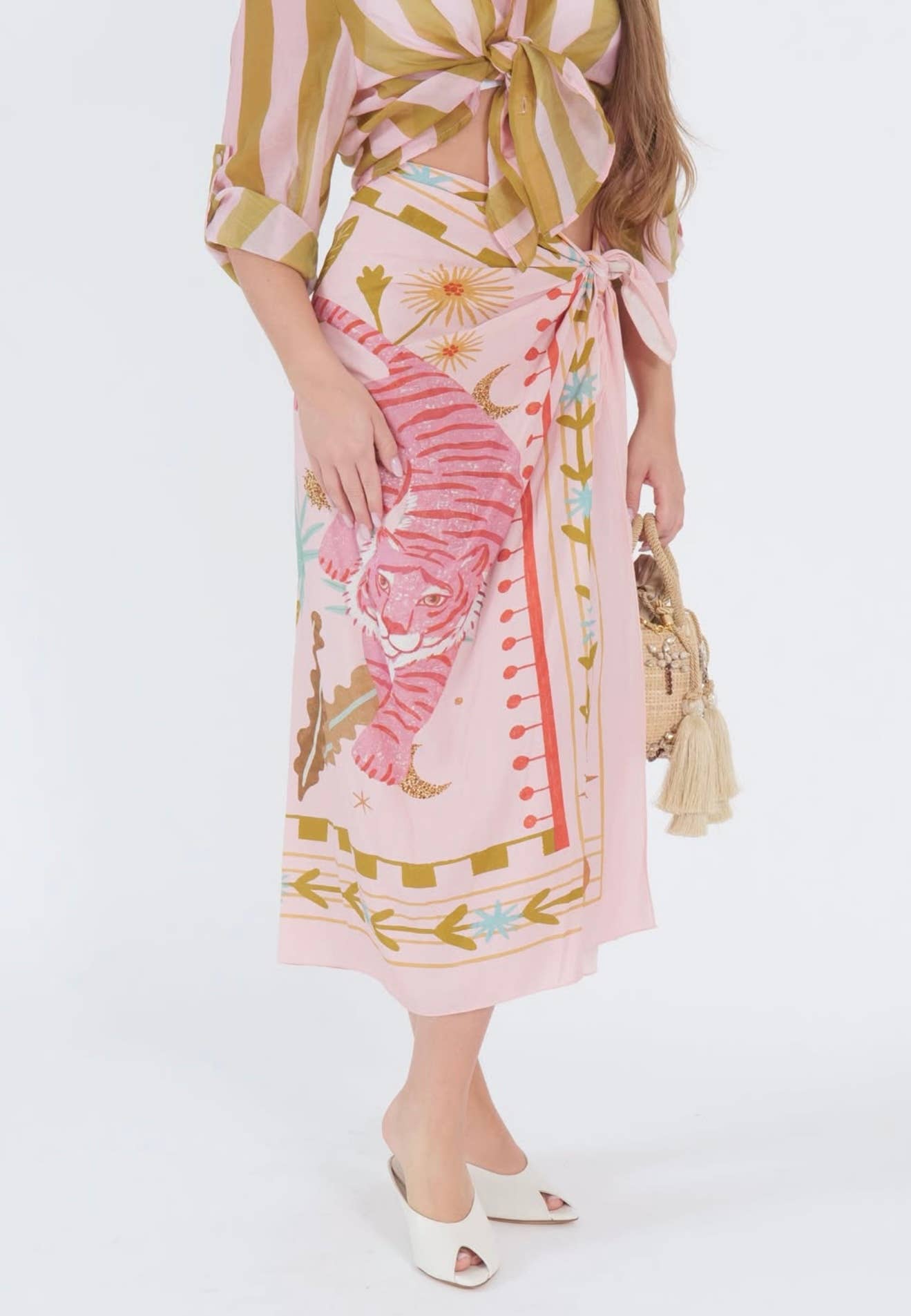 Gonna pareo maxi da spiaggia con stampa floreale tropicale e tigre rosa