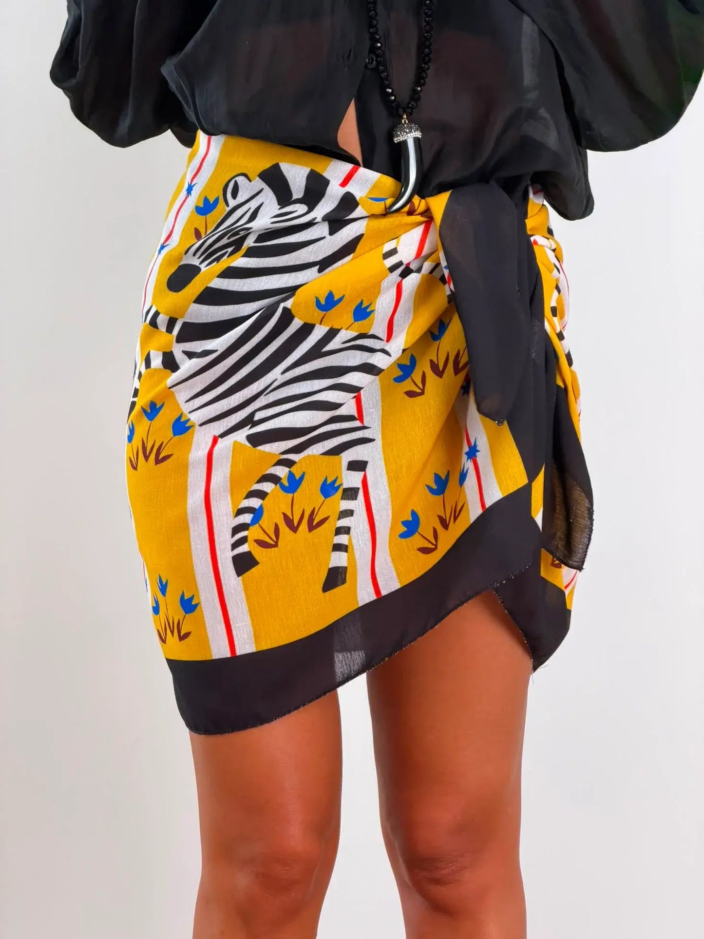 Sarong con stampa vintage zebra e tulipani, allacciatura laterale | Copricostume da spiaggia