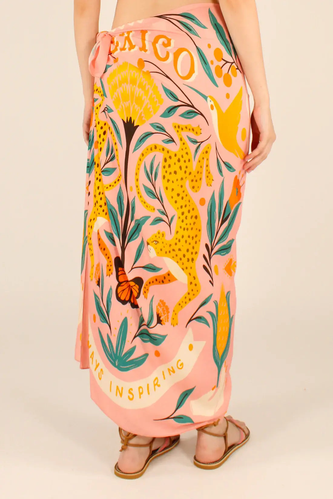 Gonna pareo maxi con stampa Messico leopardo e farfalle, chiusura laterale con laccio