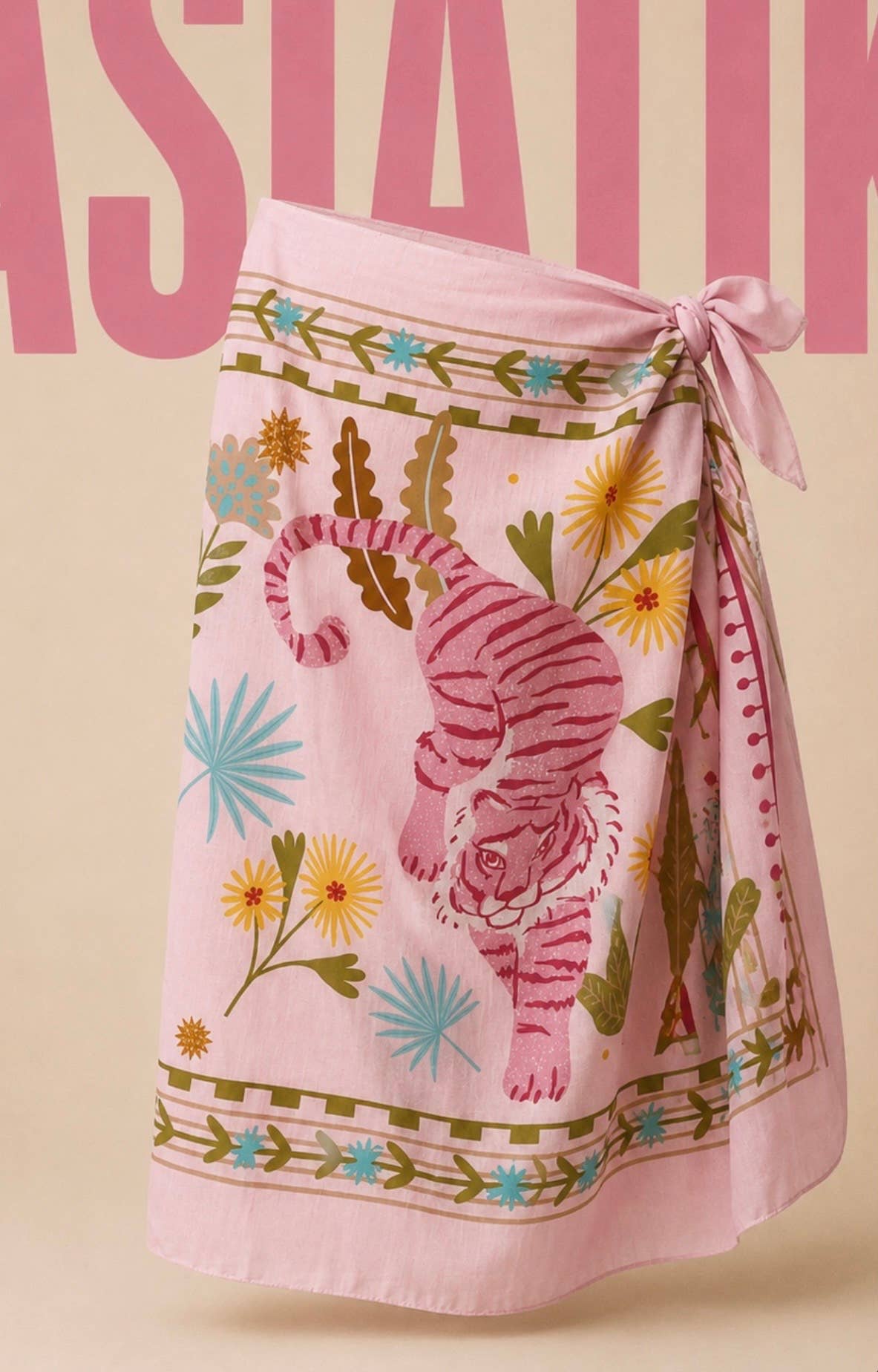 Gonna pareo maxi da spiaggia con stampa floreale tropicale e tigre rosa
