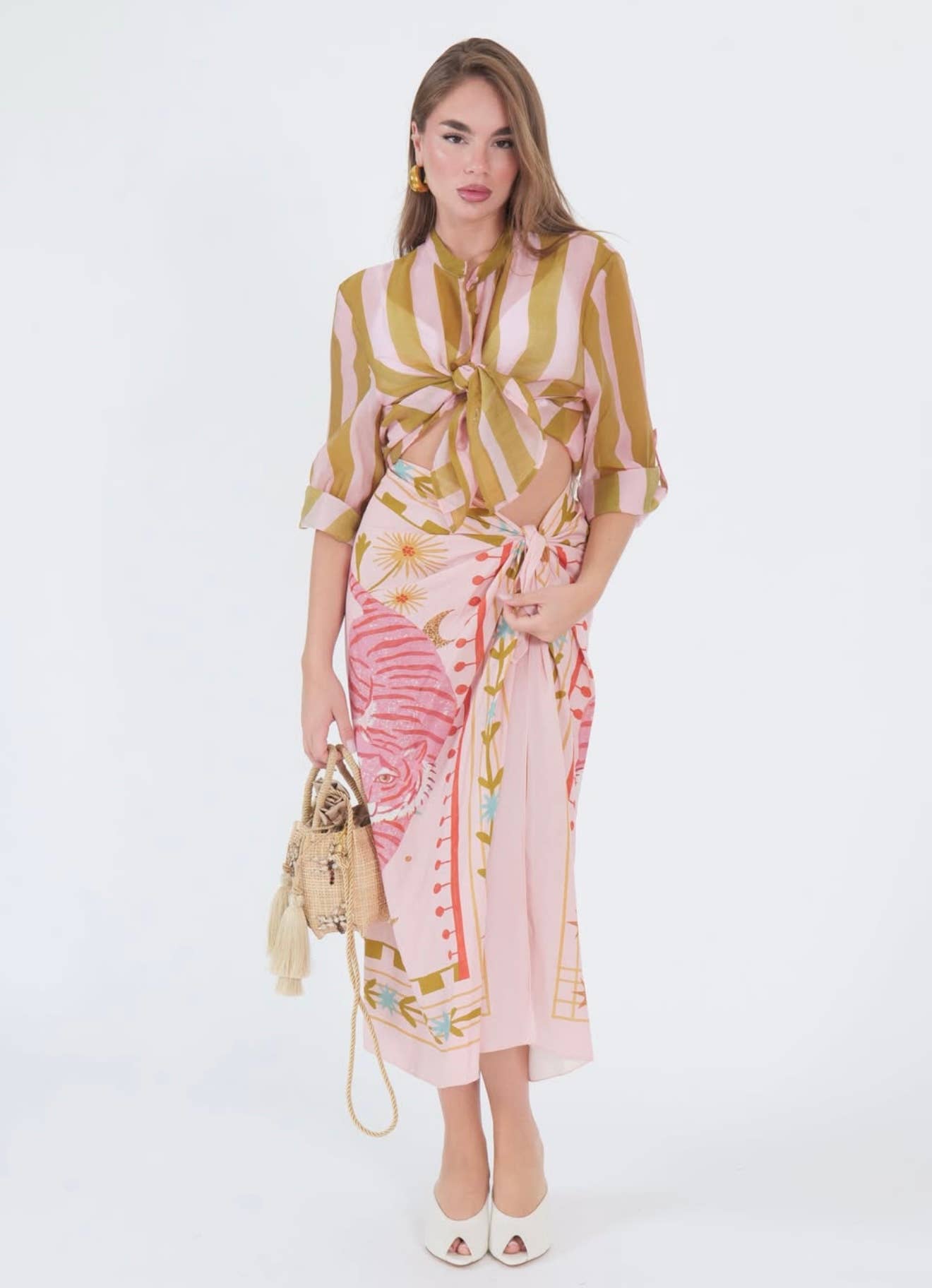 Gonna pareo maxi da spiaggia con stampa floreale tropicale e tigre rosa